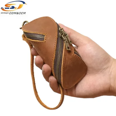 Leather Key case Cowhide Mini Pouch with Zipper for Car Keys and Coins Factory Customization