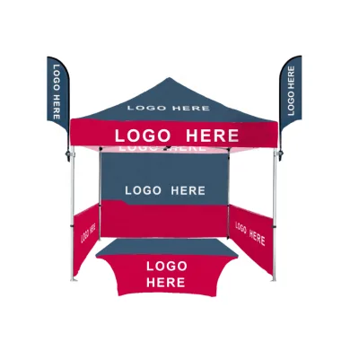 220 Sold Custom 10' X 10' Tent W/ Full Color Canopy, Back and Side Walls, 6' Table Cover, and (2) 8' Feather Flags