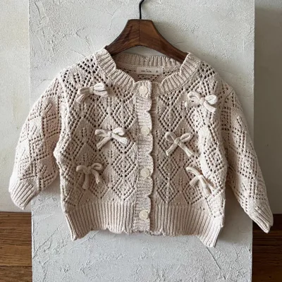 Autumn Infant Toddler Kids Lovely Little Girls Princess Hollow Design Beige Solid Knitted Bow Knot Sweater Baby Cardigan