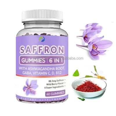 Saffron Extract Gummies with Ashwagandha GABA Vitamin C D3 B12 Supplements Private Label Saffron Gummy