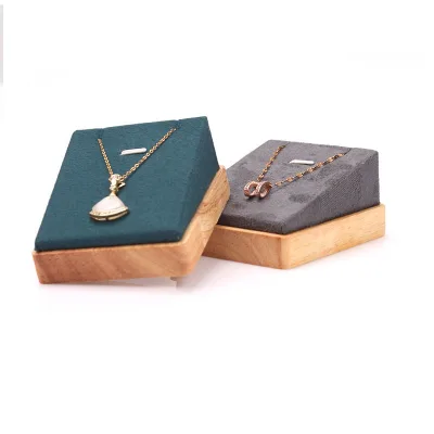 Premium Natural Solid Wood Hexagonal Base Necklace Display Stand, Soft Flocked Velvet Sloped Cushion With Necklace Slot
