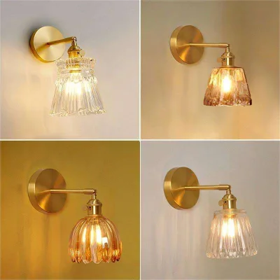 Rotatable Swing Arm Iron Base Clear Fluted Glass Shade Indoor Decor Wall Lamp