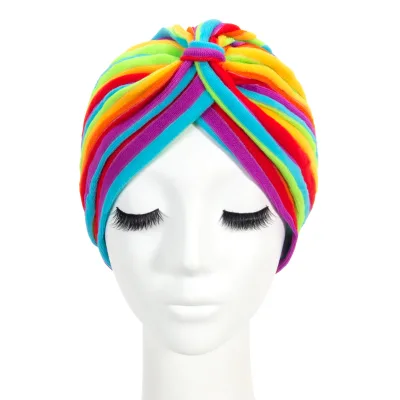 Wholesale Women Turban Hat Colorful Striped Stretch Head Wrap Front Knot Hair Cover Headwear
