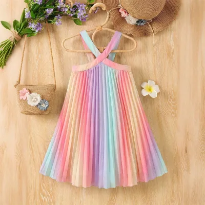 2026 Summer Children's Fresh Sweet Cross-Border Playful Rainbow Pleated Ruffle Hem Wave Halter A-Line Princess One-Piece Dress