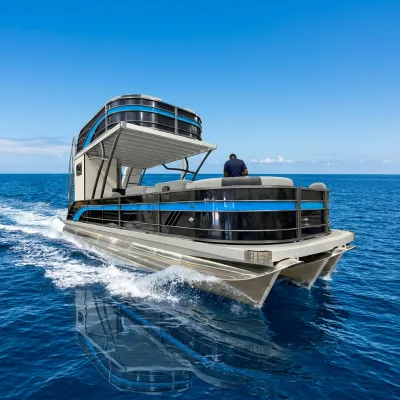 Double Layer Pontoon Boat Modern Floating Villa Houseboat Spacious Living Toilet Shower Kitchen Balcony Leisure Cruising