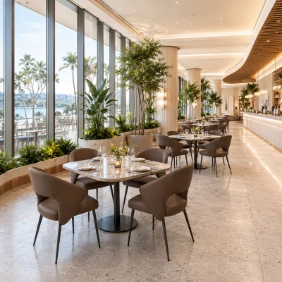 Taupe Leather Open Back Armchairs Grey Marble Dining Table Square Pedestal Restaurant Commercial Supplier Customizable OEM China