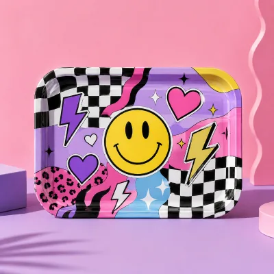 Smiley Face Heart Lightning Checkerboard Custom Wholesale Metal Herb Smoking Rolling Tray