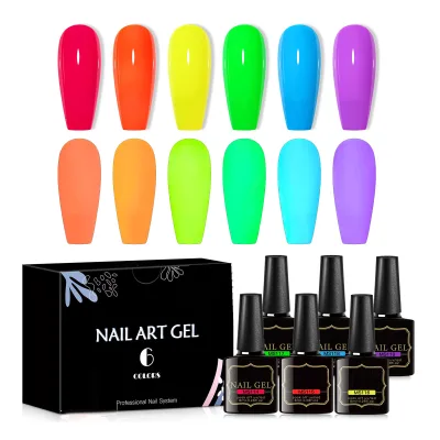 Fluorescent Bright Pink Yellow Purple Glow Effect 6-Color Luminous Neon Gel Polish Kit Glow in the Dark Gel Nail Polish Set
