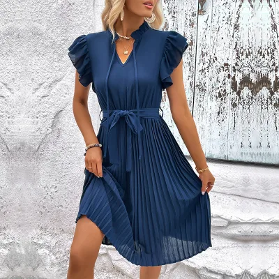 New Style, Fashionably Pleated Solid-color Dress for Women, Suitable for Summer.
