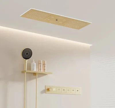 High-End Modern Concealed Ceiling Gold Shower System Thermostatic Wall-Inlet Design Single Handle Brass Material Pause Spray