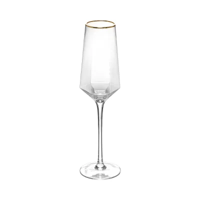 255ml Gold Rim Hexagonal for Flute Clear Crystal Prosecco Glass with Gold Trim Handmade Classic Elegant Stemmed Wine Glass