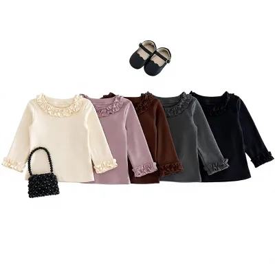 Girls Autumn/Winter Cotton Duvet-Fleece Long-Sleeve T-Shirt Ruffle Trim Korean Style Velvet-Lined Thermal Top for Children