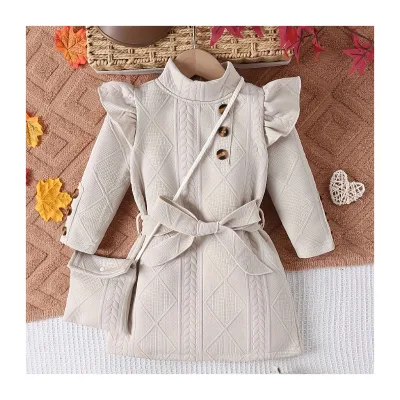 European American Girls Princess Dress Autumn Winter Style with Flying Sleeve Texture Wrinkled Children