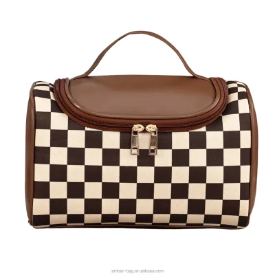 Retro Checkerboard Waterproof Makeup Bag  PU Leather Women Square Bag Travel Makeup Bag With Durable Zipper Closure