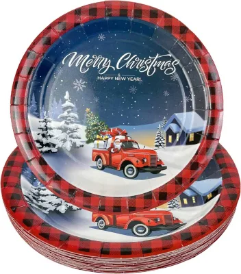Customized Vintage Santa Claus Disposable Paper Plates Round Dinnerware Sets for Weddings and Birthday Parties To-Go Supplies
