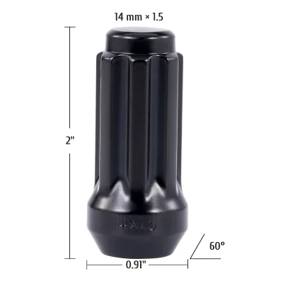 24 LUG NUTS SPLINE ACORN NUT | 14x1.5 LONG TALL BLACK WHEEL NUT