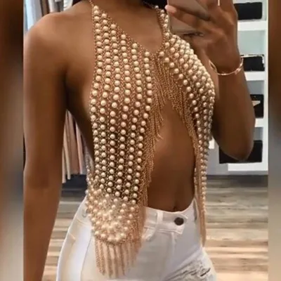 HANO 2024 Hot Sale Unique Ornament Summer Pearl Necklace Chest Shoulder Tassel Bra Body Chains