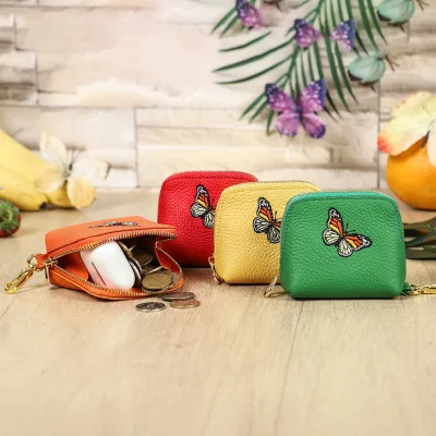 Full Grain Leather Coin Purse With Embroidered Butterfly Portable Zipper Pouch for Airpods Lipstick Coins Functional Bag Charm