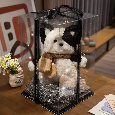 Luxury Cute Plush Puppy Dog Stuffed Animal Toy with Scarf Transparent Gift Box Pack Dog Doll Birthday Valentine Anniversary Gift