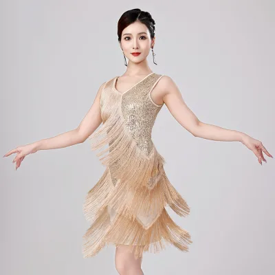 Women's Sexy V-Neck Sleeveless Latin Dance Performance Dress with Sequin Fringe for Stage Competition