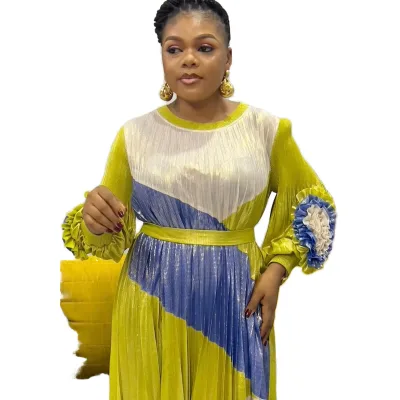 Sheen Spring Summer Chiffon Fashion Casual Color Blocking O-neck Long Sleeve Belt Flowers Maxi Pleated Loose Plus Size Women's