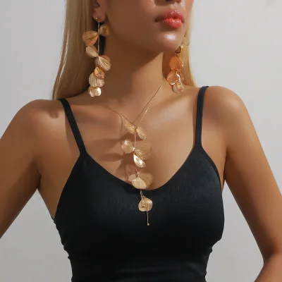 European American Niche Ginkgo Leaf Tassel Necklace Earrings Set Sweet Cool Design Cross-Border Retro Romantic Silver Wedding