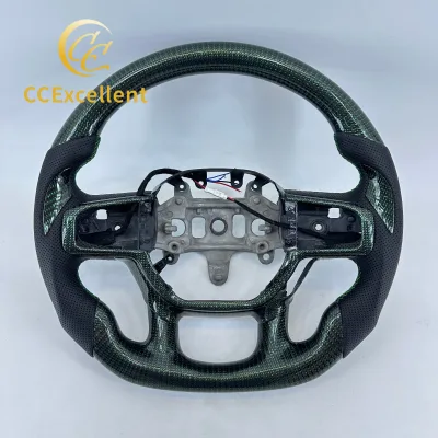 For Dodge RAM 1500 2500 3500 Green Wire Carbon Fiber Steering Wheel Custom Auto Interior Parts with Perforated Leather Sides