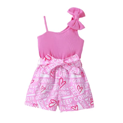 Summer New Design Toddler Girls Clothes Bow Sleeveless Jumpsuit Sweet Letter Heart Printed Onesie Kids Clothing