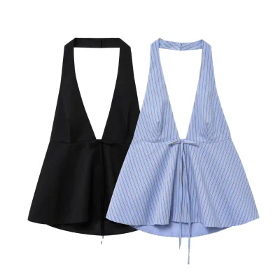 Women 2025 Spring Casual V-neck RIBBONS Bow Hung Around Neck Tank Tops 100% Polyester Chiffon Anti-Pilling