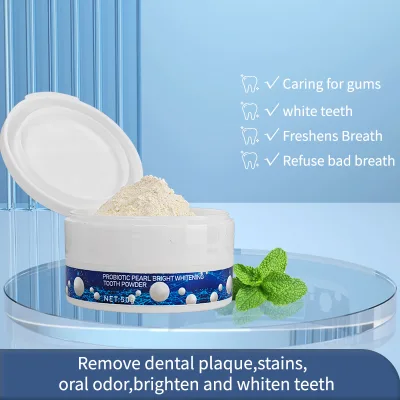 Cosmetics OEM Probiotics Teeth Whitening Natural Herbal Mint Flavor Fresh Breath Stain Powder Plastic Non-Toxic Home Use Blue