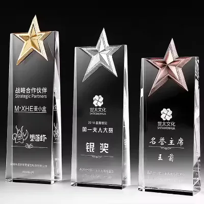 Custom Glass Award Trophies Honor of Crystal Transparent Glass Metal Pentagram Crystal Award Trophies Decoration