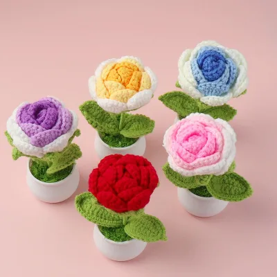 Decoration Handmade Fake Simulation Pots Plants Artifical Woven Flowers Eternal Woolen Thread Rose Knitted Flower