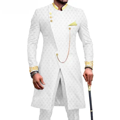 100% Cotton Plus Size Breathable Batik Embroidery Business Wedding Suit Jacket Pant Single Breasted Long 2 Piece Slim African