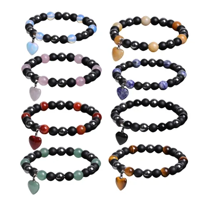Customized High Quality 8MM Gemstone Beaded Bracelets with Reiki Heart Shaped Carnelian Rose Quartz Tiger Eye Elastic Bracelets