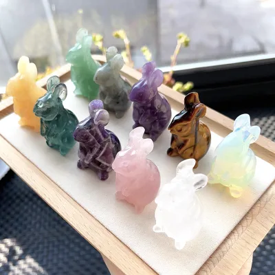 Natural Healing Stone Crystal Crafts Small Gemstone Folk Carving Mini Crystal Rabbit for Decor Home