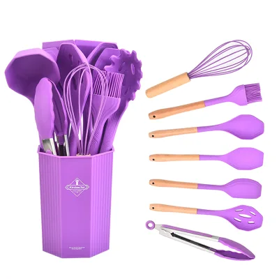 Inteligentes Madera Juego De Utensilios De Cocina De Silicona Antiadherentes Cooking Utensils Tool Set with Wooden Handle