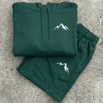 sweatpants and hoodie set Hoodie and Shorts Set for Men Logo Print Drawstring Hood and Mountain Graphic Logo track set