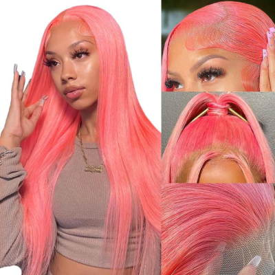 13*4 Lace Human Hair pink pink Long Straight Hair Curly Real Hair Head Covering