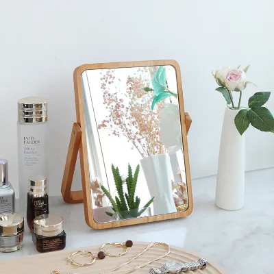 Desktop Simple Makeup Mirror Portable Desktop Mirror Foldable Wood Mirror
