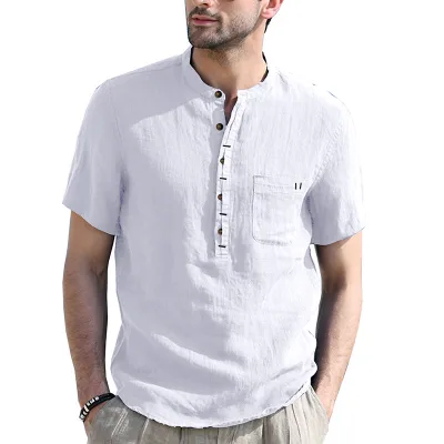 Men's Linen Stand Collar Henley Shirt - Short Sleeve Half Button With Pocket, Casual Loose Summer Beach Top