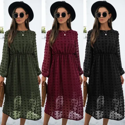 Wholesale Fashion O-neck Long Sleeve Office Dress Women Autumn Elegant Casual Chiffon Party Vintage Dresses