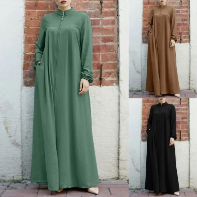 2024 HANO New Women Muslim Arab Style Stand Collar Long Dress Casual Clothing Ladies Elegant Abaya Zipper Crew Neck Dresses4