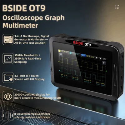 BSIDE OT9 3-in-1 Desktop Oscilloscope Multimeter 50MHz Dual Channel Digital 250MSa Sample Rate 20000 Counts True RMS Graph Made