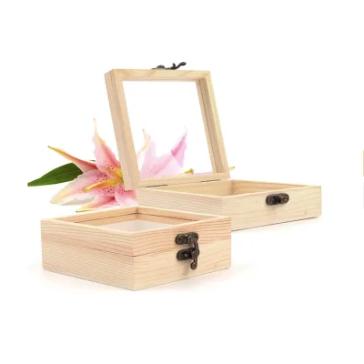Handcrafted Pine Wood Box 2 Pack Square Unfinished Wooden Storage Box With Hinged Lid