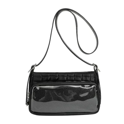 Black Crossbody Bag with Sheer Pocket - Adjustable Strap for Daily/Commute/Outing