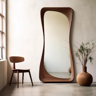 Wholesale MOQ 50pcs Modern Nordic Irregular Wavy Wood Frame Full-Length Mirror Factory Direct OEM Custom