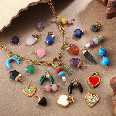 Beach Vacation Style Natural Stone Pendants 18K Gold Plated Heart Shaped Colorful Gemstone Charms for DIY Jewelry Making Pendant