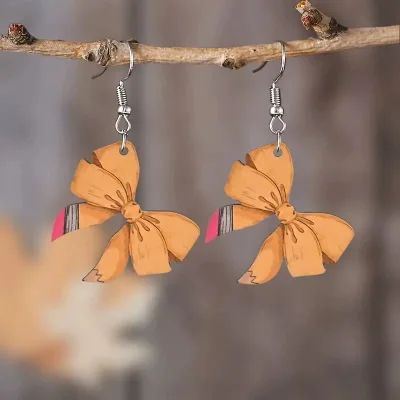 Fashion Bow Wooden Earrings for Teacher's Day Gift Pencil Earrings Jewelry Trendy Bowknot Pendant Earring