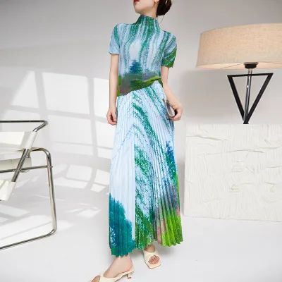 Support On-demand Printing Casual Fashion Suits Women's Summer Short-sleeved T-shirt Ankle Pleated Skirt Two-piece Set Polyester