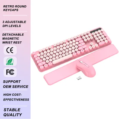 Pink 2.4GHz Wireless Keyboard Mouse Combo 104 Keys Retro Round Keycaps Ergonomic Office Set with USB Receiver OEM Bulk Wholesale